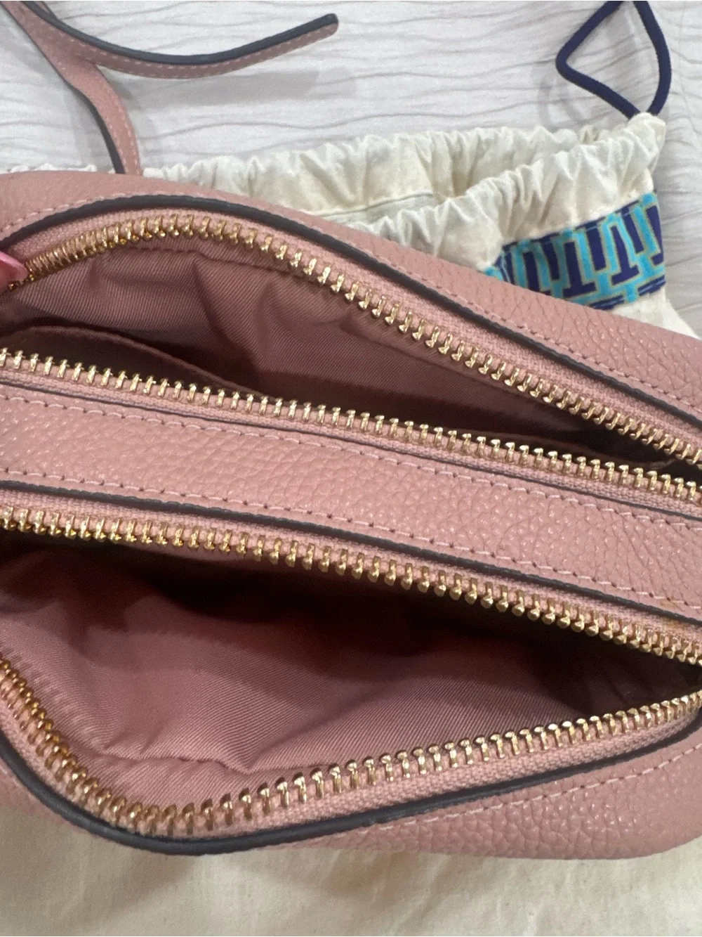 Tory Burch Blush Pink Pebbled Leather Crossbody Camera Bag